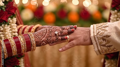 An Indian bride places a wedding ring on the groom's finger during a traditional ceremony. Close-up of hands with henna and jewelry. Hindu marriage ritual and commitment concept