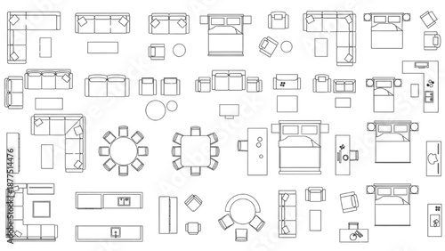 Vector Architectural Top View Furniture CAD Block Set for Interior Design Floor Plans