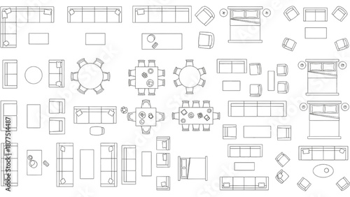 Vector Architectural Top View Furniture CAD Block Set for Interior Design Floor Plans