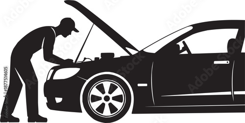 Conjunto de iconos vectoriales de servicio automotriz: automóvil, capó, reparación, diagnóstico, mantenimiento, mecánica en silueta negra.