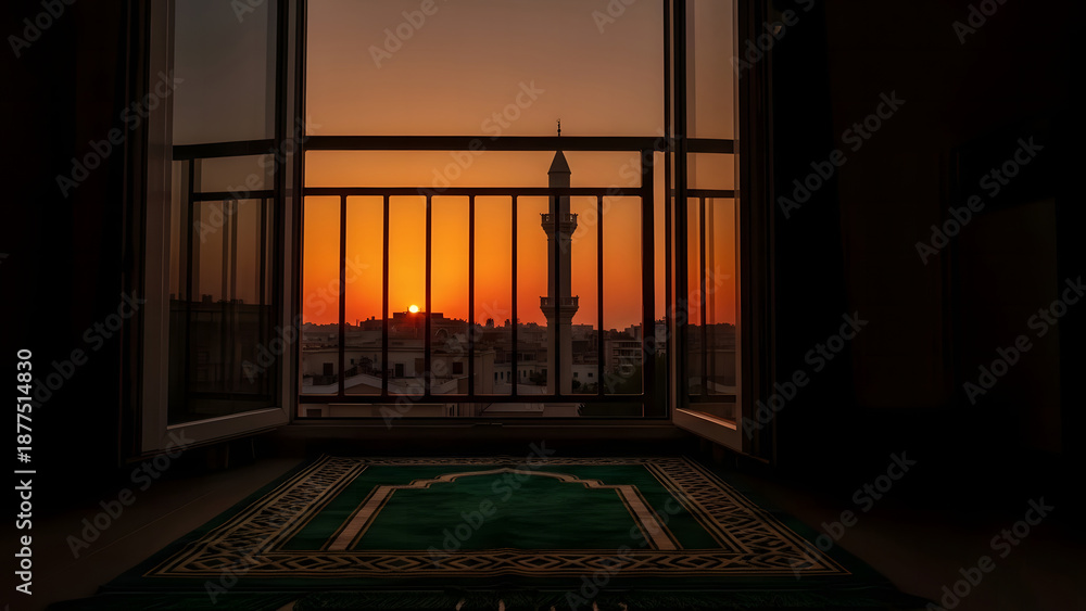 Fototapeta premium Sunset view from a window with a prayer mat and a cityscape featuring a mosque tower in the distance