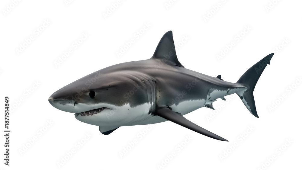 Fototapeta premium Isolated great white shark swimming predator danger powerful apex predator fish underwater