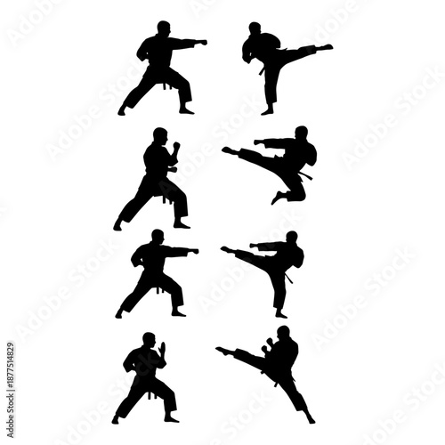 Dynamic silhouette collection of five martial arts fighters demonstrating various combat poses and kicks concept