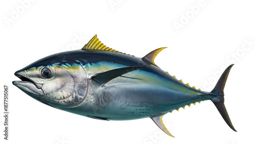 Isolated Bigeye Tuna fish with blue and silver skin and yellow fins isolated on background