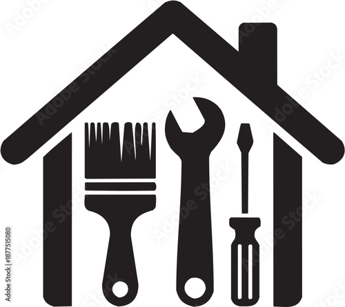 Conjunto de iconos vectoriales de servicio doméstico: casa, herramientas, pintura, reparación, mantenimiento, mejora en silueta negra.