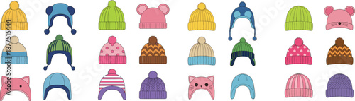 Cute winter hat and beanie icon set with colorful knitted caps and playful designs in flat vector illustration