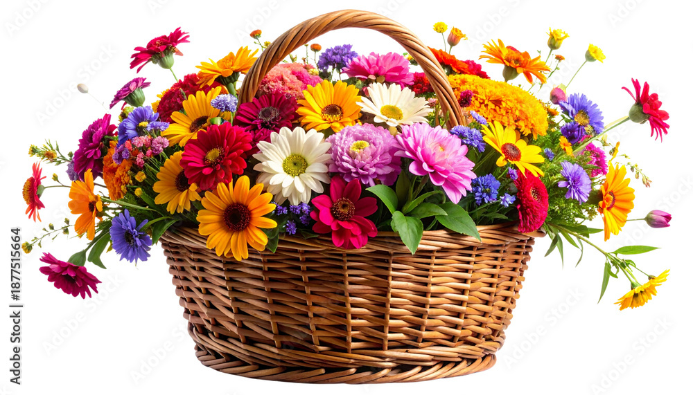 Obraz premium A beautiful spring gift: a bouquet of pink roses and daisies in a wicker basket, decorated with fresh flowers and green foliage