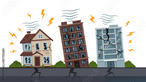 Vector illustration of buildings damaged by an earthquake, showing cracks and shaking ground