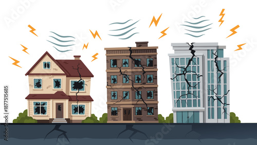 Vector illustration of earthquake damage to buildings, showing cracked walls and broken windows in a house and skyscrapers