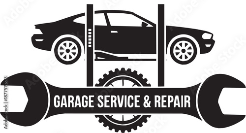 Conjunto de iconos vectoriales de servicio automotriz: automóvil, elevador, engranaje, reparación, mantenimiento, industria en silueta negra.