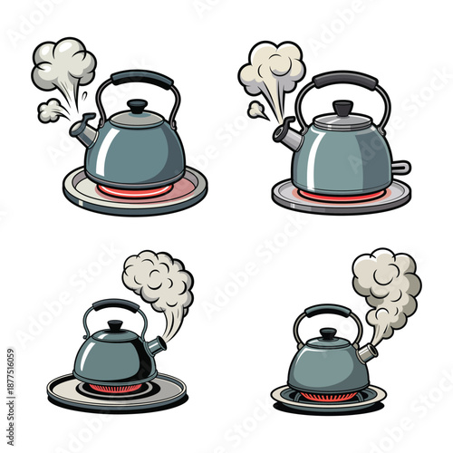 Cute Cartoon Teapot Boiling Water with Steam Puff on Electric Burner Vector Art