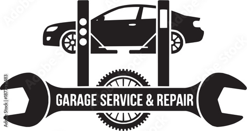 Conjunto de iconos vectoriales de servicio de taller: automóvil, elevador, reparación, mantenimiento, mecánica, industria en silueta negra.