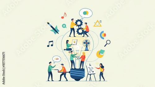 Creative team brainstorming inside a lightbulb with innovative ideas and collaboration