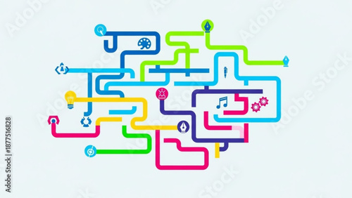 Vibrant circuit board illustration with colorful wires and symbols on a light blue background for technology and innovation concepts