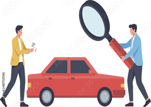 Car inspection and vehicle valuation concept with men using magnifying glass over a red sedan car