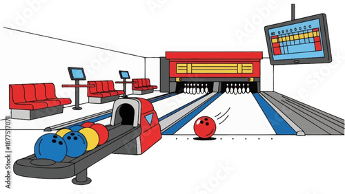 Bowling Alley Scene with Ball and Pins
