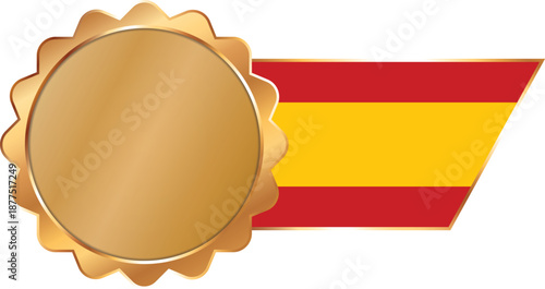 A shiny gold award seal featuring a circular metallic center with a flag of Spain on ribbon with gold outline