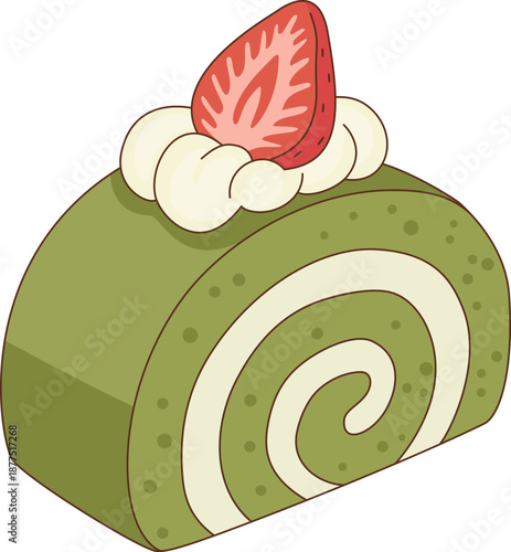 Illustration of a Matcha Green Tea Roll Cake with Whipped Cream and Strawberry for Bakery and Cafe Dessert Menu