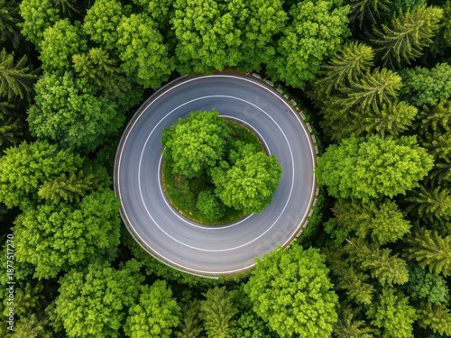 Top down aerial of a circular road loop in a dense green forest