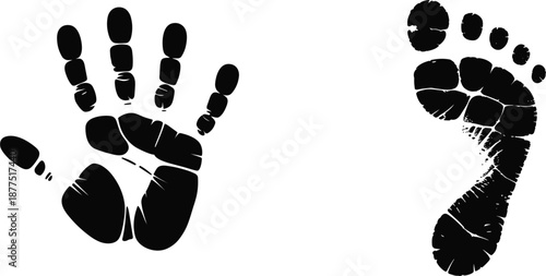Black human handprint and footprint silhouette - set of hand and foot ink print vector illustration