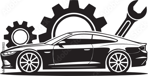 Conjunto de iconos vectoriales de servicio automotriz: automóvil, engranaje, rayos, mecánica, transporte, reparación en silueta negra.