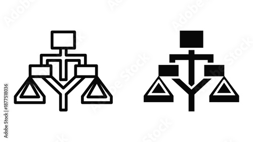 Balance scale symbol with geometric shapes in two different styles