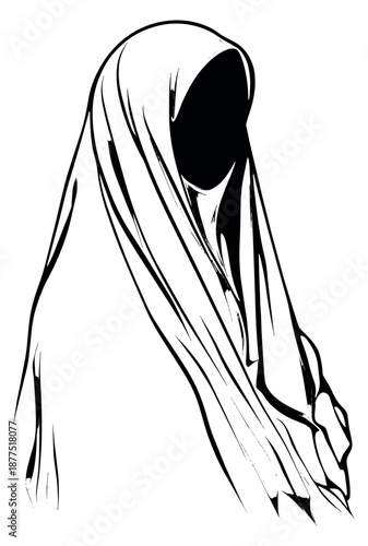 Hand drawn line art illustration of a hooded figure depicting a mysterious presence for spooky designs