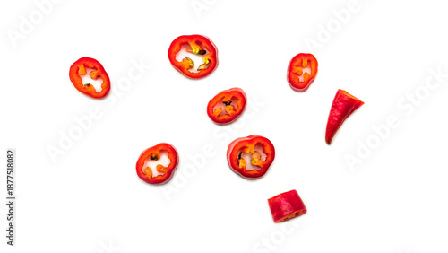 Fotografie Red chili pepper slices on a white background. High quality photo