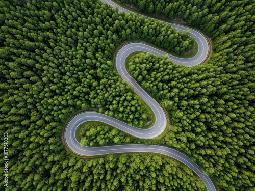 Aerial view of a winding zigzag road through a dense green forest