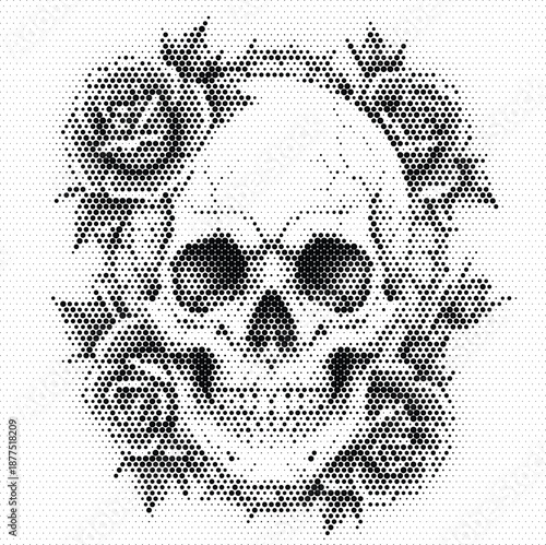 Gothic skull with roses illustration for tattoo studio branding and rock music merchandise