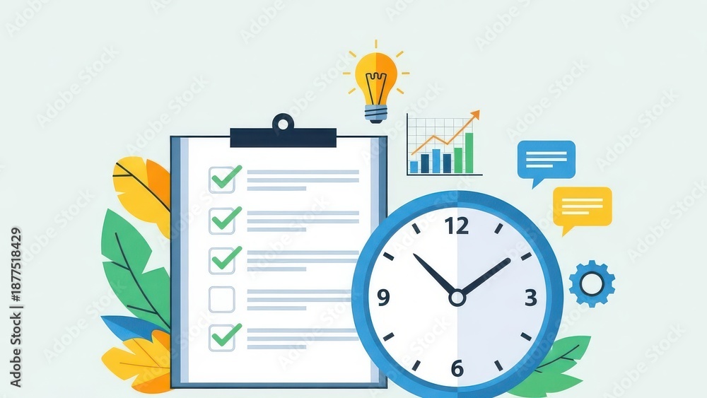 Obraz premium Checklist and Clock with Business Graphics in Bright Clean Lighting for Planning and Productivity