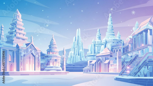 Fantasy winter landscape with mystical temples and icy spires under starry night sky serene and magical atmosphere
