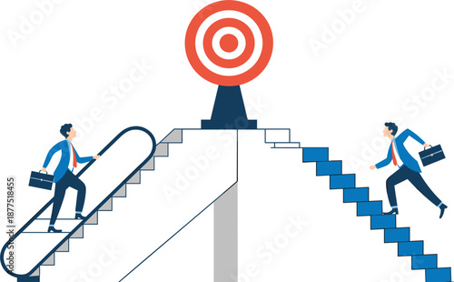 Businessmen climbing stairs and escalator to reach target goal, career growth and success competition concept illustration