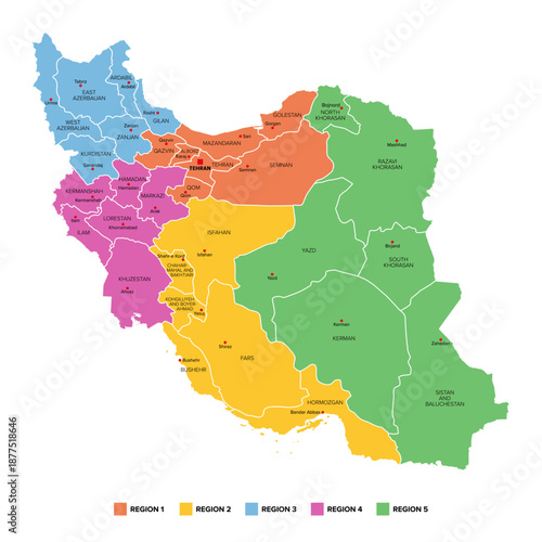 Iran, regions and provinces, colored political map with borders and capital cities. The 31 provinces are grouped into five regions, used for governmental administration. Isolated illustration. Vector