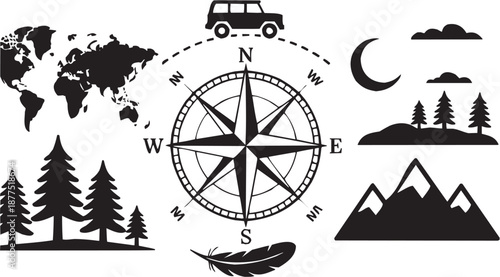 Conjunto de iconos vectoriales de servicio de navegación: brújula, vehículo, árboles, dirección, viaje, orientación en silueta negra.