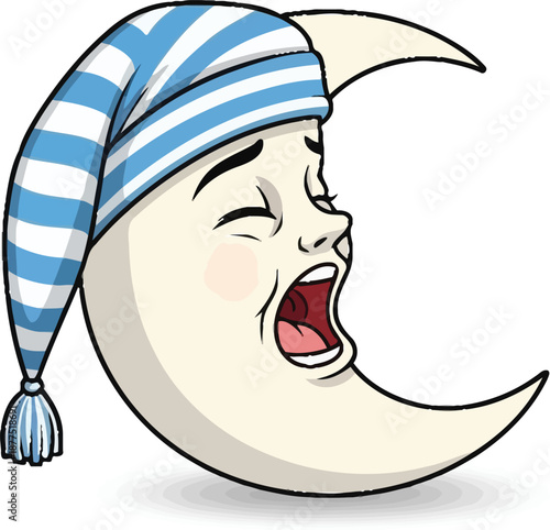 Detailed crescent moon wearing striped sleeping hat yawning widely with eyes closed in expressive hand drawn cartoon style