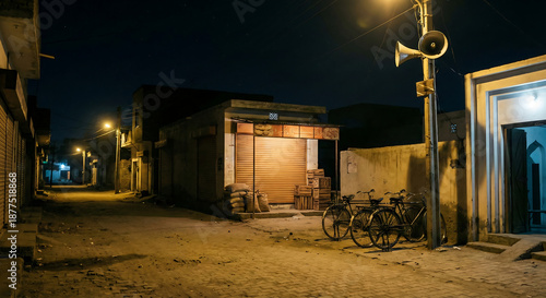 Quiet rural street at night in South Asia with warm streetlights, bicycles, and village mosque entrance.