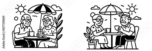 Elderly couple enjoying drinks outdoors under sun shades