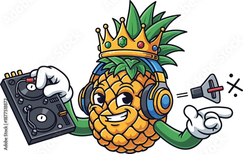 DJ pineapple wearing headphones and crown spinning records with speakers and music notes