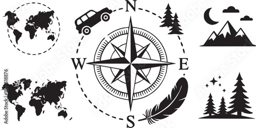 Conjunto de iconos vectoriales de servicio de navegación: brújula, vehículo, árboles, dirección, viaje, orientación en silueta negra.
