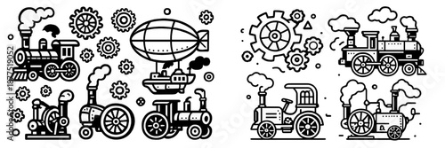 Vintage steam engines and airship with gears in vector design