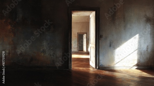 Sunlit hallway and open door in vintage interior decor setting