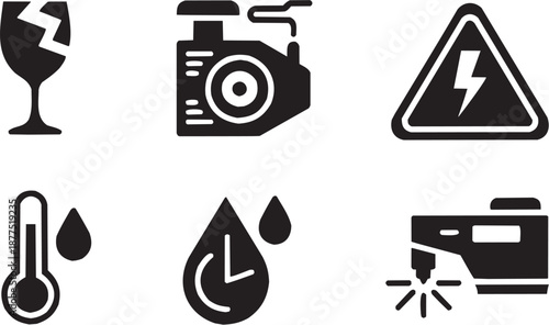 Conjunto de iconos vectoriales de servicios: cámara, agua, enchufe, electricidad, fotografía, recursos en silueta negra.