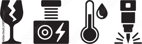 Conjunto de iconos vectoriales de servicios eléctricos: enchufe, termómetro, energía, temperatura, instalación, mantenimiento en silueta negra.