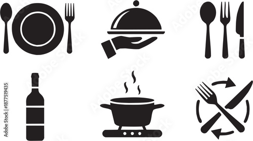 Conjunto de iconos vectoriales de servicio de comida: bandeja, tenedor, mano, vapor, restaurante, catering, alimentación en silueta negra.