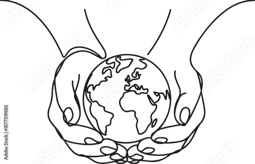 Single one line drawing of hands holding earth logo. World protect icon silhouette for education concept. Infographics presentation. one line Icon drawing