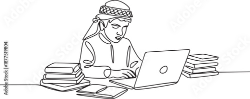 Continuous one line drawing young Arabian boy studying with laptop and pile of books. Back to school, intelligent student, online education concept. one line Icon drawing