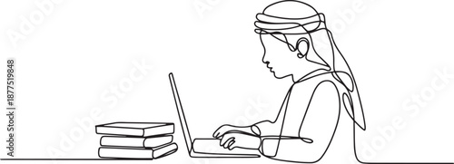 Continuous one line drawing young Arabian boy studying with laptop and pile of books. Back to school, intelligent student, online education concept. one line Icon drawing