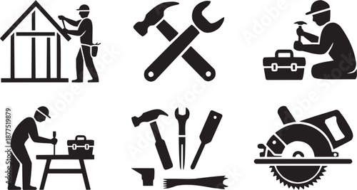 cono vectorial de servicio de reparación: herramientas, mantenimiento, arreglo en silueta negra.  