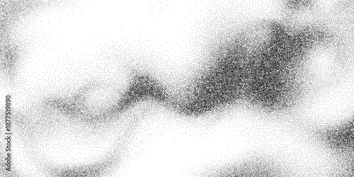 Black halftone dot waves on white background. Vector realistic illustration of abstract shapes, stipple gradient pattern, grainy texture, grunge paint spray effect, liquid spot texture, dotwork fluid